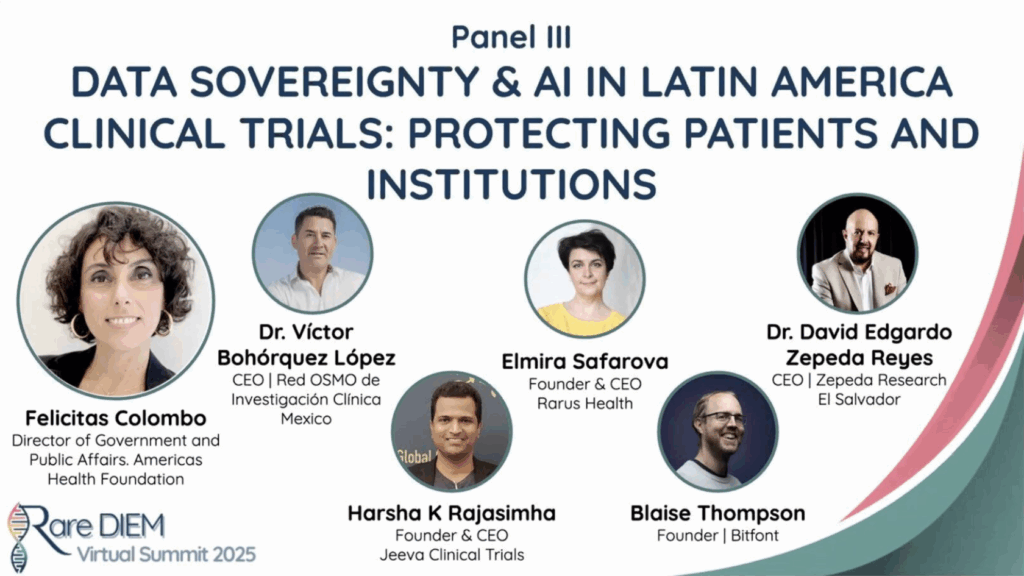 RARE DIEM Virtual Summit 2025 Panelists. Elmira Safarova among them. Title reads: Data Sovereignty & AI for Rare-Disease Trials in Latin America.