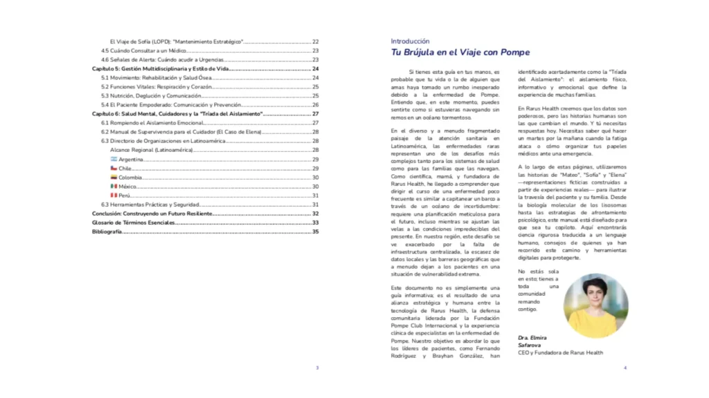 Páginas iniciales que muestran la tabla de contenidos detallada a la izquierda y la introducción titulada 'Tu Brújula en el Viaje con Pompe' a la derecha, acompañada de una fotografía de la autora y CEO de Rarus Health, la Dra. Elmira Safarova.