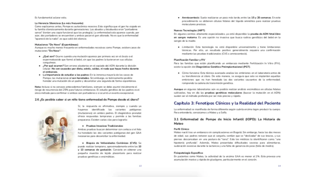 Página de muestra de la guía para la enfermedad de pompe. Sección dedicada a la herencia y el diagnóstico durante el embarazo. Muestra una ilustración de una mujer embarazada consultando a una doctora y explica métodos de detección como la biopsia de vellosidades coriónicas y la amniocentesis.