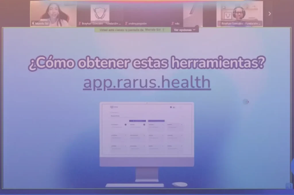 Captura de pantalla del Zoom con Mariela, Brayhan y Fernando sonriendo. El texto dice Cómo obtener estas hrramientas digitales y señala el link app.rarus.health.